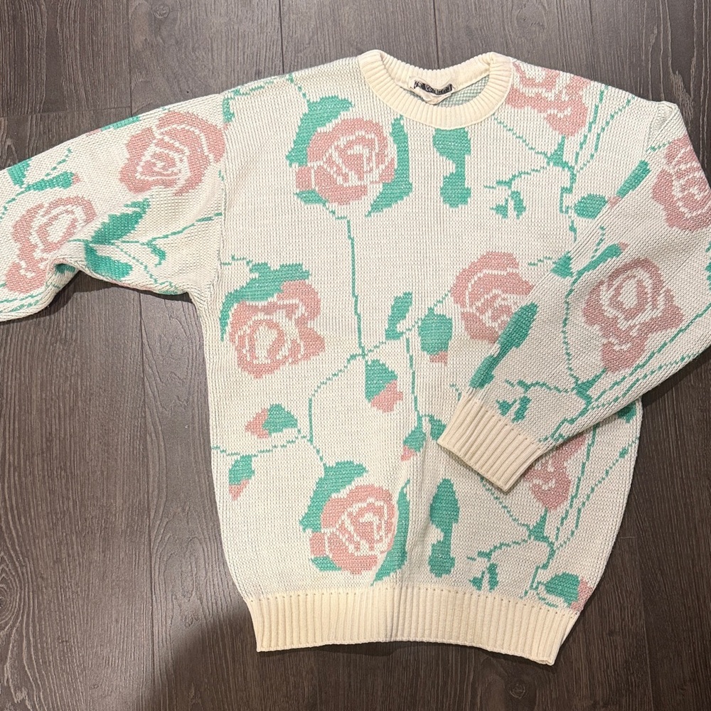 Vintage 1946 Cream and Pink Floral Sweater
